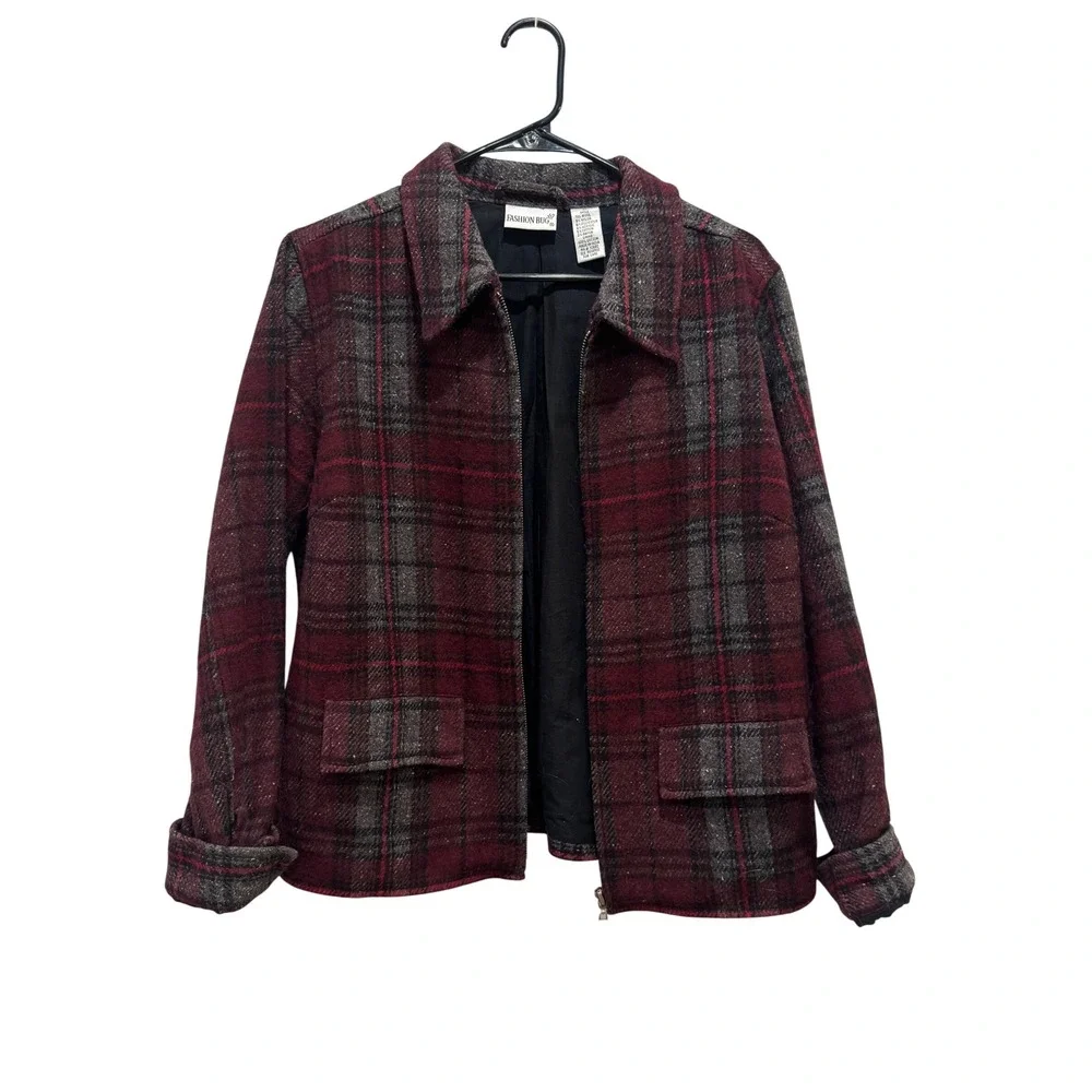 Vintage Fashion Bug Plaid Jacket Women XL Burgundy Wool Blend Barn‎ Jacket Coat